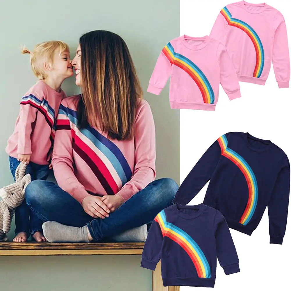 

Mom Girl Family Matching Cotton Clothes Mama Baby Kids Long Sleeves T Shirts Rainbow Stripes Tees Tops
