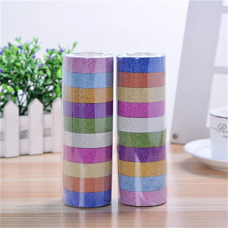 10PCS 1.5CM*3M Glitter Washi Tape Sticker Paper Masking Adhesive Office School Tape Label Craft For DIY Decorative Random Color