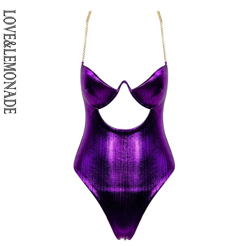 

Sexy Purple Cut Out Tube Top Straps Reflective Fabric Bodycon Bodysuit LM90025