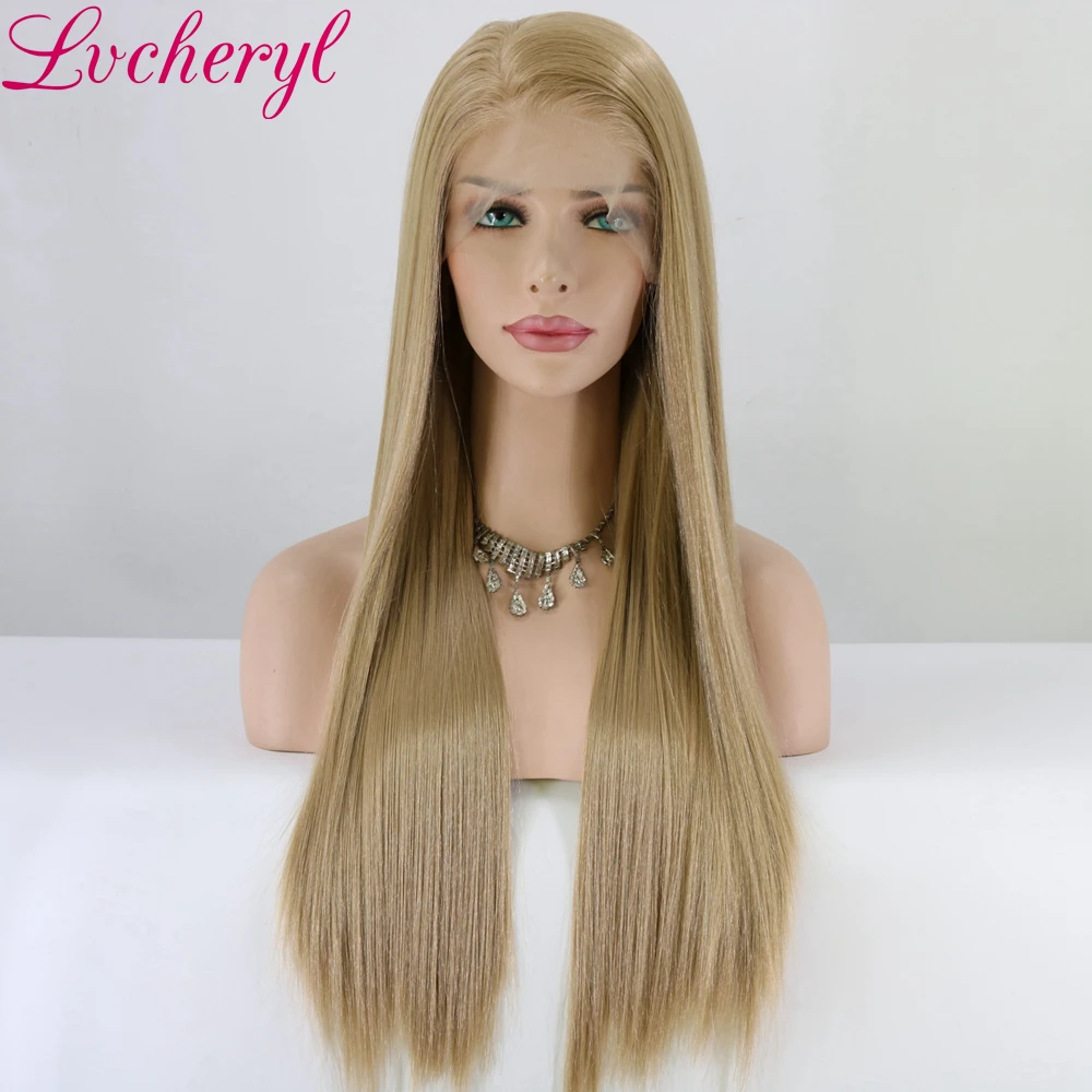 

Lvcheryl Hand Tied 13x6 Lace Ash BLonde Color Free Part Futura Fiber Hair Wigs Heat Resistant Hair Synthetic Lace Front Wigs