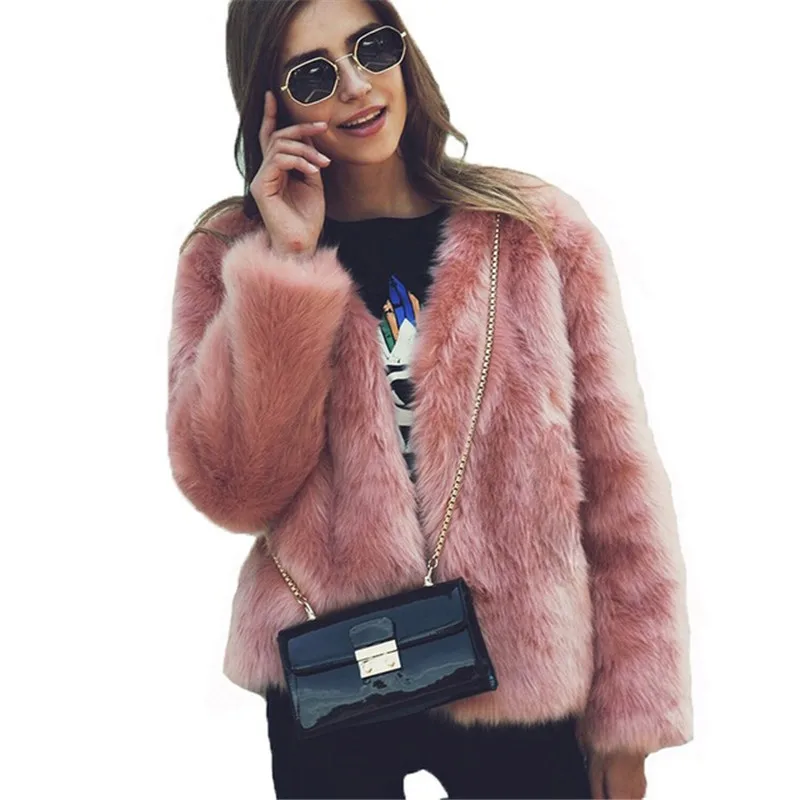 

2018 Warm Fox Faux Fur Elegant Pink Coat Women Autumn Winter Chic Fluffy Fake Fur Jacket Female Plus Size Hairy Overcoat D414