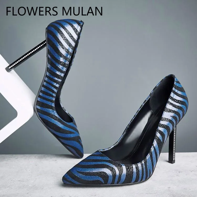 

Mixed Color Blue Black Striped Leather Lady Pumps Pointed Toe High Heels Gladiators Slip On Shallow Zapatos De Mujer Gladiators