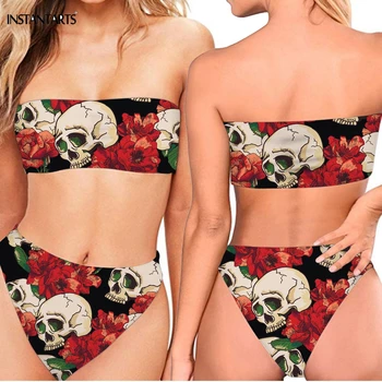 

INSTANTARTS 3D Rose Skull Head Floral Printed Female Sexy Push Up Swimwear Strapless Summer Bikini Set Bandeau Bathing Beachwear