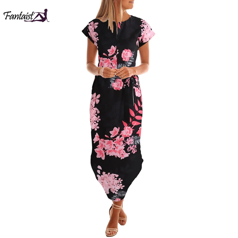 

Fantaist Women Mujer Dress Casual Straight Floral Print O-Neck Sashes Short Sleeve Elegant Wedding Party Work Midi Dress Summer