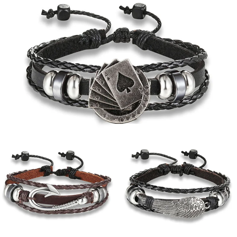 

2019 Hot New Fashion Adjustable Anchor Bracelet Multilayer Poker leather Bracelet Men Women Party Jewelry Gift Mujer Pulseras