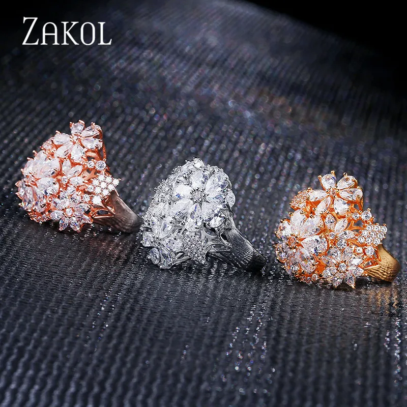 ZAKOL модное Открытое кольцо с кубическим цирконием цвета розового золота роскошные кольца на палец с большим цветком для женщин Свадебные ювелирные изделия FSRP231