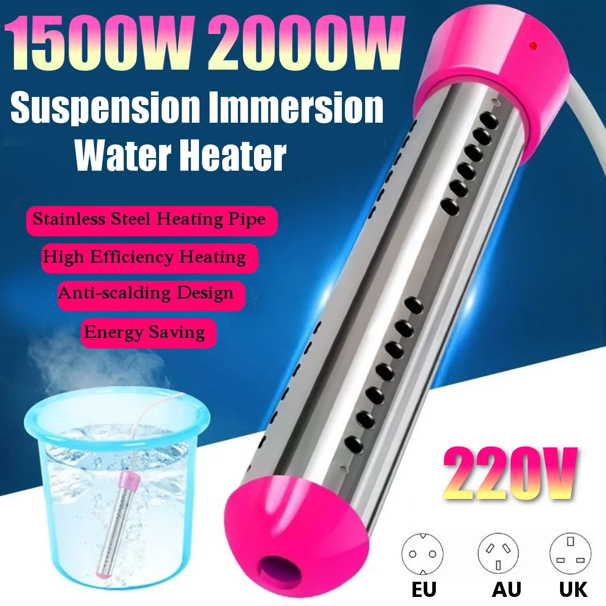 

1500/2000W Electric Heating Element Immersion 220V Heater 304 Stainless Steel Boiler Water Heater
