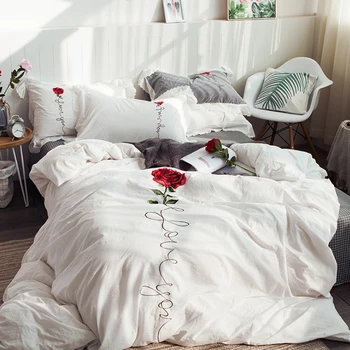 

Korean Style Rose Embroidery Technology Pure Cotton Bedding Set Fashion Simple Duvet Cover Bed Sheet Pillowcase/bed Set