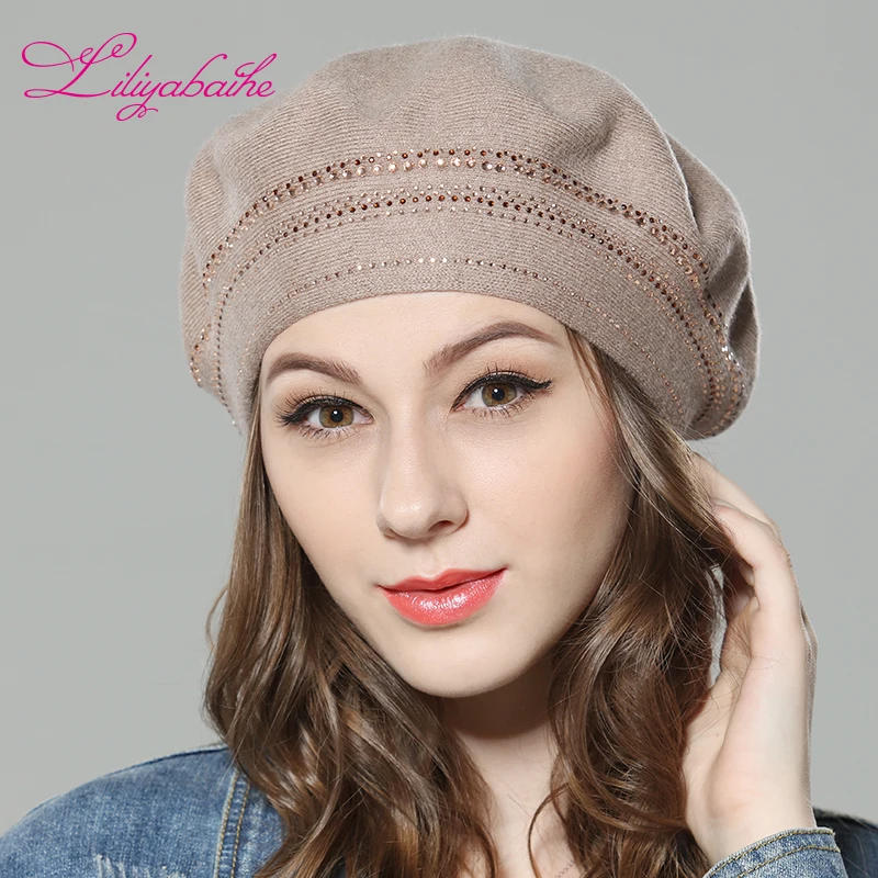 Kopen Liliyabaihe Nieuwe vrouwen Winter Hoed Wol Gebreide Baretten, Hoeden met Omliggende diamant Decoratie Modieuze Effen Kleur Hoed