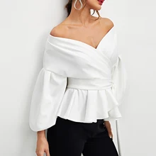 White office lady elegant lantern sleeve surplice peplum off the shoulder solid blouse autumn sexy women tops and blouses 2019 White office lady elegant lantern sleeve surplice peplum off the shoulder solid blouse autumn sexy women tops and blouses 2019