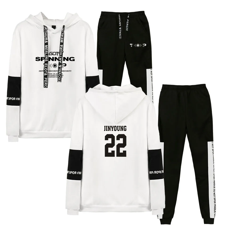 

GOT7 SPINNING Men/Women Hoodies White Sweatshirts+Black Sweatpants Suits sports suit Cotton Hoodies Print Winter autumn Suits