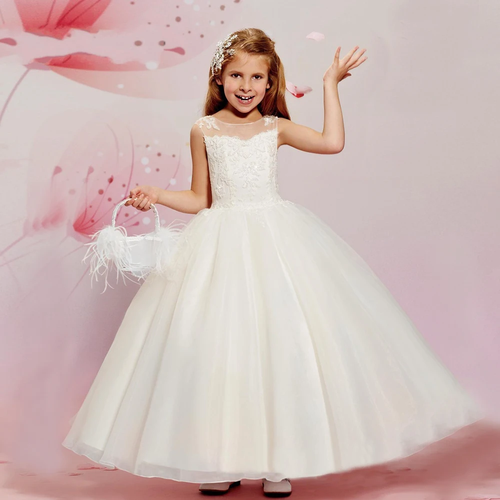 

First Communion Dresses Ball Gown Sleeveless O-Neck Zipper Appliques Vestidos De Comunion Flower Girl Lace Kids Evening Gown