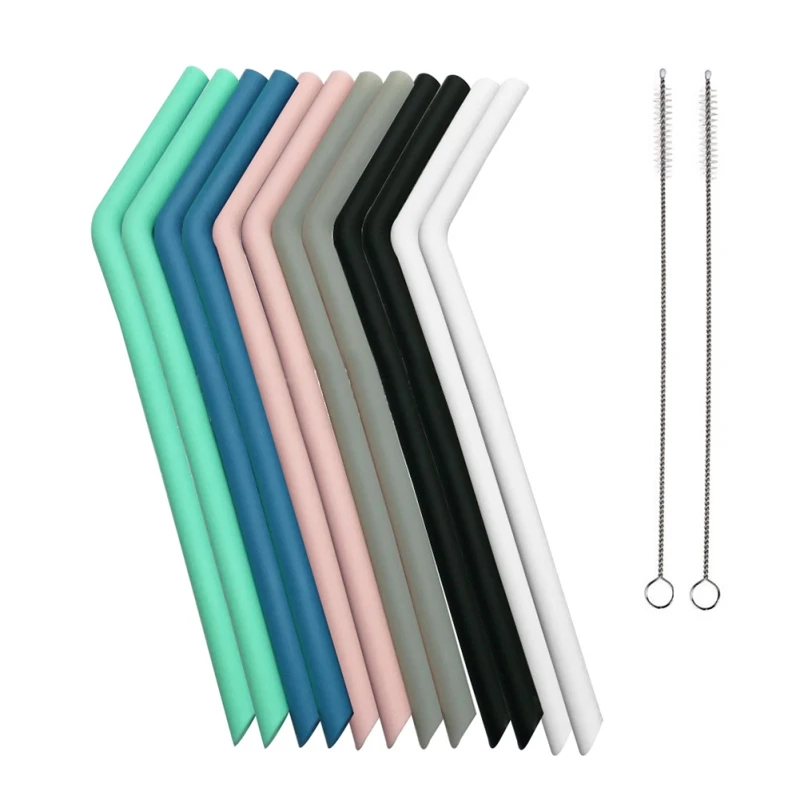 

12pcs 25cm Bent Silicone Drinking Straws Flexible Reusable Straws With 2pcs Cleaning Brushes Kitchen Straws Party Bar Accessory