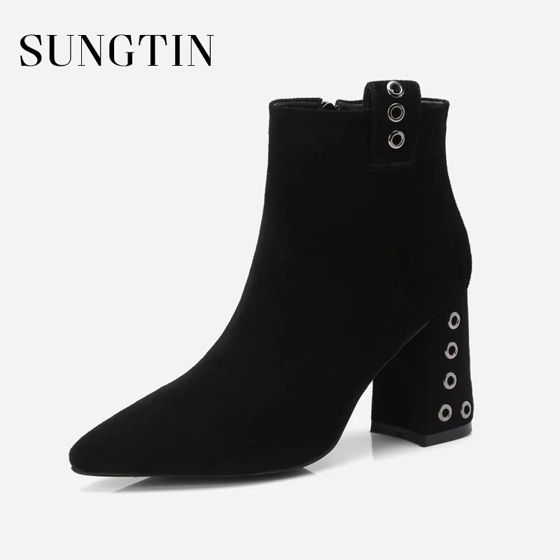

Sungtin Fashion Cow Suede Women Ankle Boots High Heel Pointed Toe Solid Black Short Boots Ladies Short Plush Warm Winter Boots