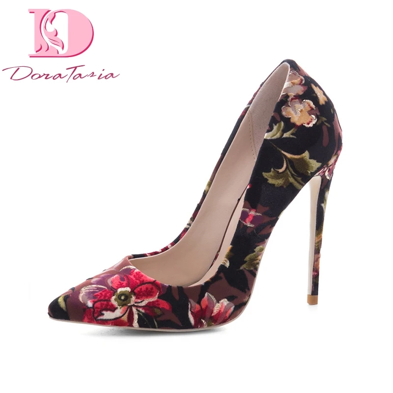 

DoraTasia New women's Flock Thin High Heels Print Pointed Toe Flower Shallow Shoes Woman Casual Pumps Plus Size 33-45