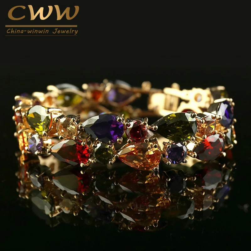 

CWWZircons Luxury Light Yellow Gold Color My Mona Lisa Multicolor CZ stones Big Crystal Charm Bracelet Bangle For Women CB017