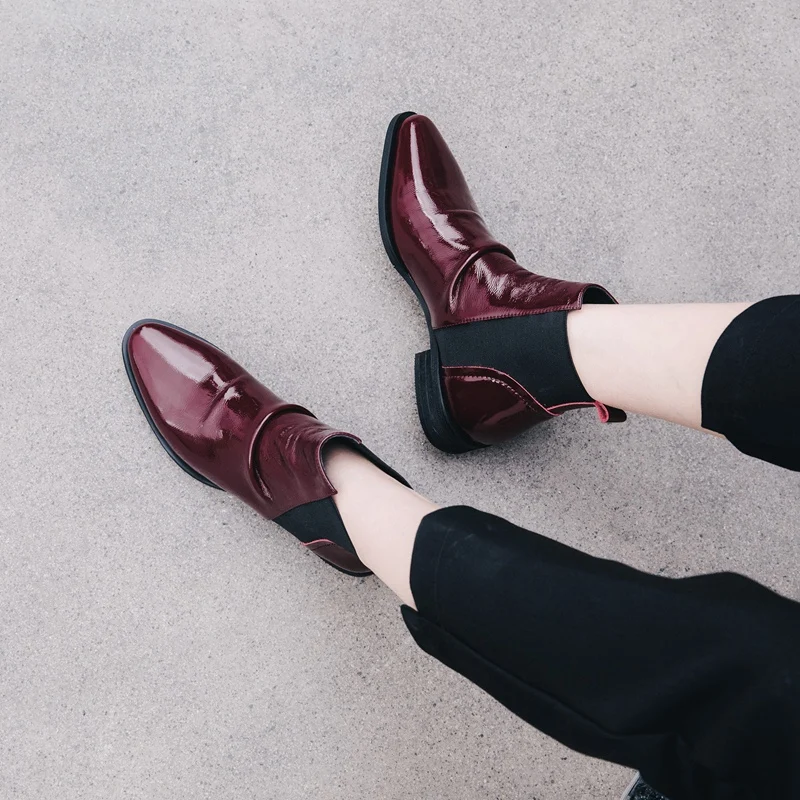 MNIXUAN Classics antumn europe fashion women ankle boots shoes new patent leather slip on low heeled short Chelsea boots