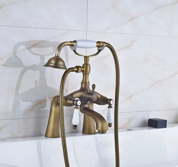 

Retro Antique Brass Double Ceramic Handles Deck Mounted Bathroom Clawfoot Bathtub Tub Faucet Mixer Tap w/Hand Shower aan008