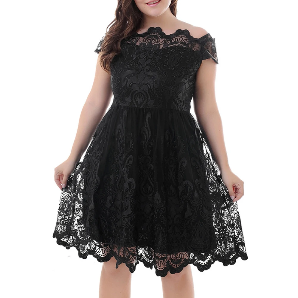 

Joineles Plus Size Organza Lace Party Vestidos De Festa Slash Neck Short Sleeves Women Retro Dress 60s Vintage Embroidery Dress