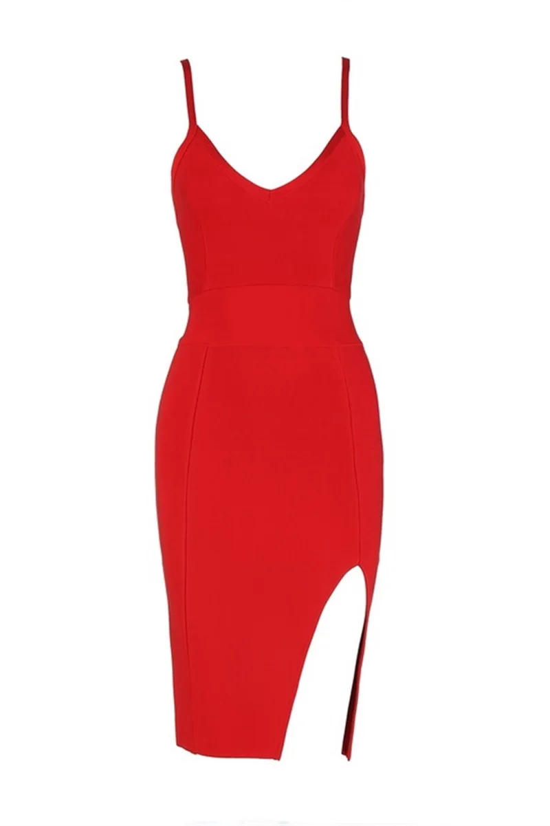 Новое поступление, модное красное платье с глубоким v-образным вырезом и разрезом на бретельках для женщин, сексуальные вечерние платья знаменитостей, Клубное облегающее Бандажное платье до колен - Цвет: Red