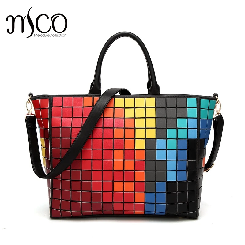 

2017 Japanese Ling's Geometry Tote Bags Holographic Mosaic Multi Women's Handbag Patchwork Large Capacity Top-handle Bag