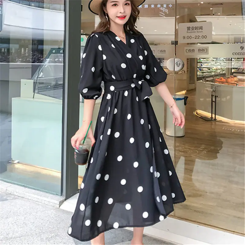 

Fashion Korea New Boho Black Chiffon Beach Dress Women 2019 Summer Wave Point Print V-Neck Three Quarter Sleeve Dresses Vestidos