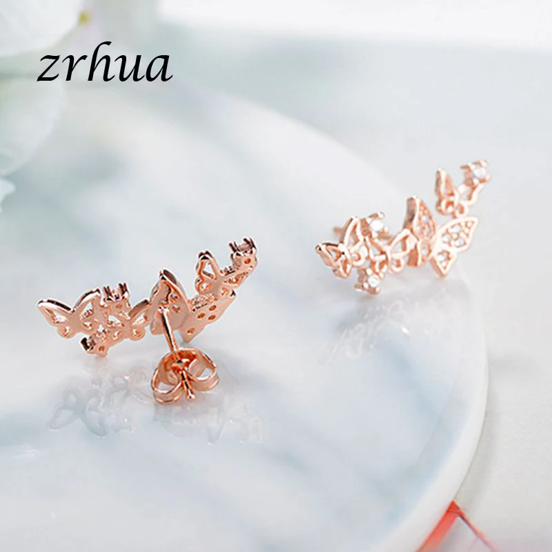 ZRHUA драгоценные 925 серебряные/Золотые серьги-гвоздики с бабочкой для женщин и девушек, выразительные ювелирные аксессуары, подарок для помолвки