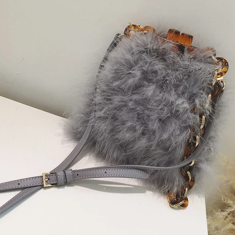 

LYDIAN 2018 Luxury famous Brand Ins Bag Bucket Bag Acrylic Chain Vintage Party Clutch Women Winter Fur Feather Shoulder Handbag