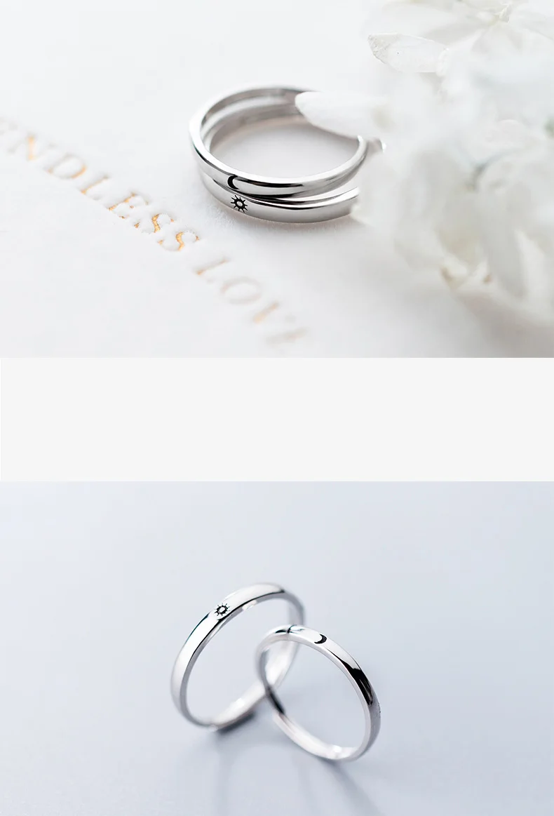 925 пробы серебряные минималистичные кольца для мужчин и женщин, влюбленные студенческие кольца с Луной и солнцем, регулируемые кольца для помолвки, ювелирные изделия