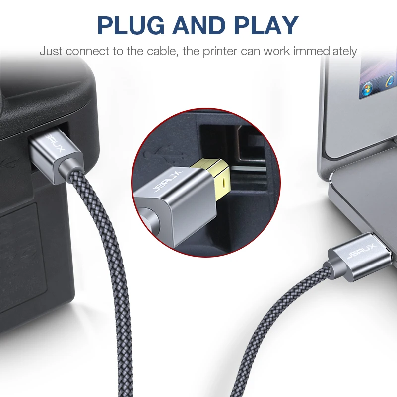 Кабель для принтера JSAUX Dell USB тип A штекер B шнур сканера 2 м/3 м высокоскоростной HP
