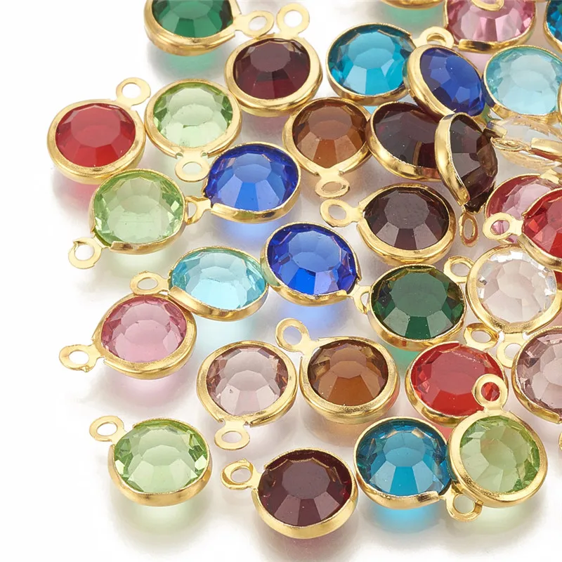 

100pcs Golden Silver Mixed Color Faceted Flat Round Glass Charms with 304 Stainless Steel Finding for Jewelry Making 12x8.5x4mm
