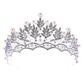

Vintage Crystal Pearl Wedding Crowns Bridal Wedding Hair Accessories Bridal Baroque Crown Silver Color Leaf Women Hair Jewelry