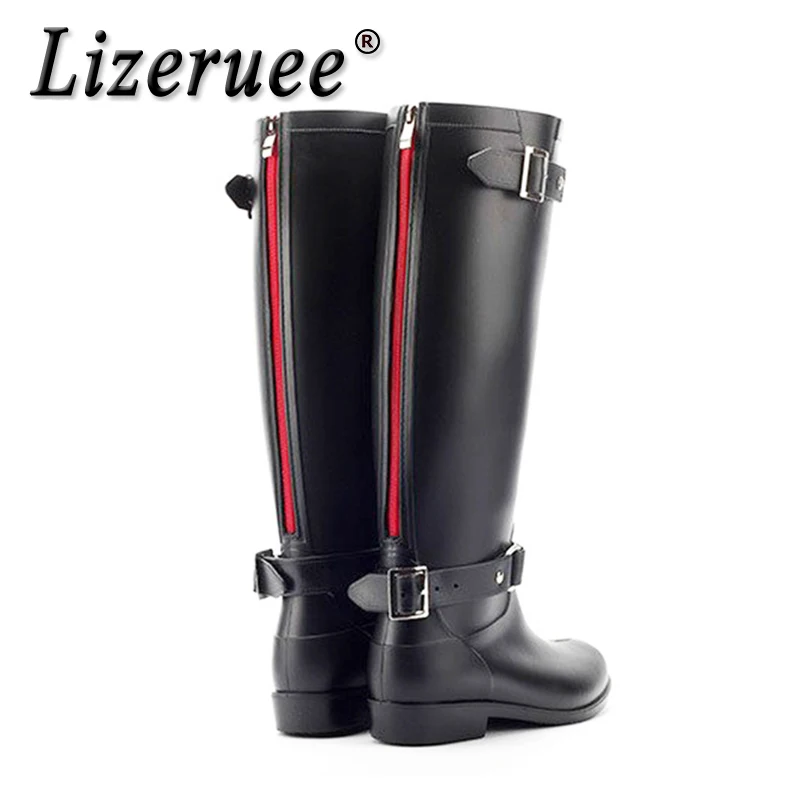 

Lizeruee Women Red Zipper Rain Boots Round Toe Waterproof Motorcycle Martin Boots Female Knee High Outdoor Shoes CS500