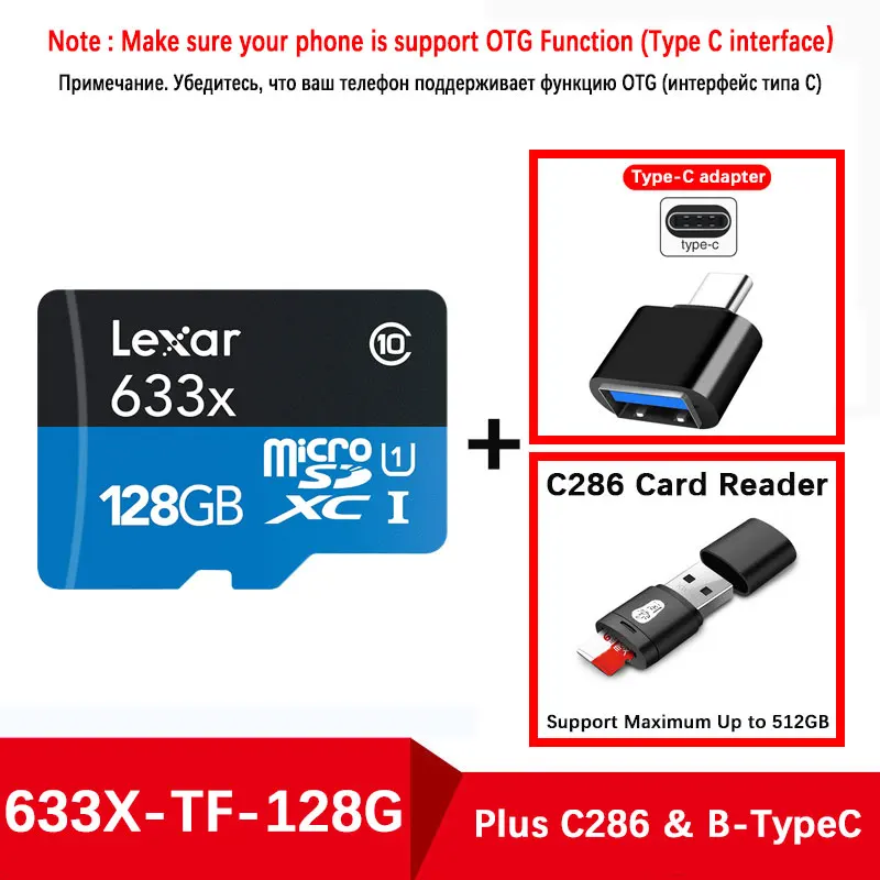 Lexar Tarjeta Micro SD карта 128 Гб карты памяти автомобиля Microsd 95 м/с класс 10 sd-карта 64 ГБ 32 ГБ TF SD Kaart карта для бесплатной доставки Микро сд КАРТА ПАМЯТИ карта памяти 32 флешка карта памяти for смартфон - Емкость: 633X-128-C286-Type-C