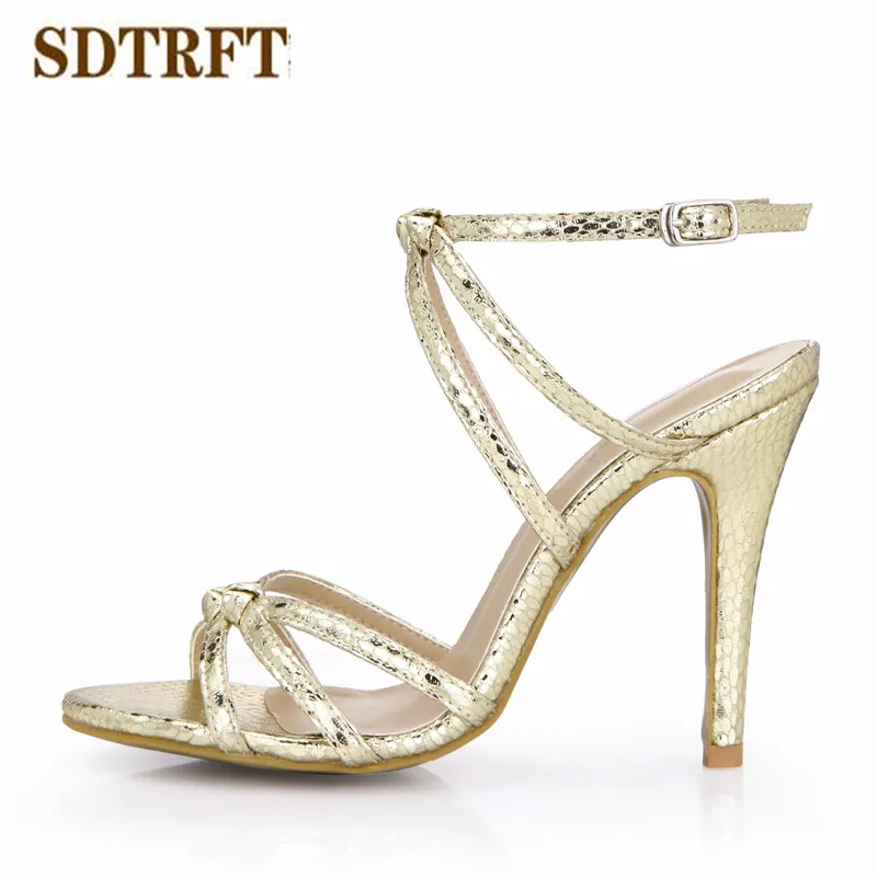 

SDTRFT zapatos mujer Plus US10 11 12 Summer sexy Narrow Band sandals 10cm thin heels Sliver shoes woman Buckle party pumps