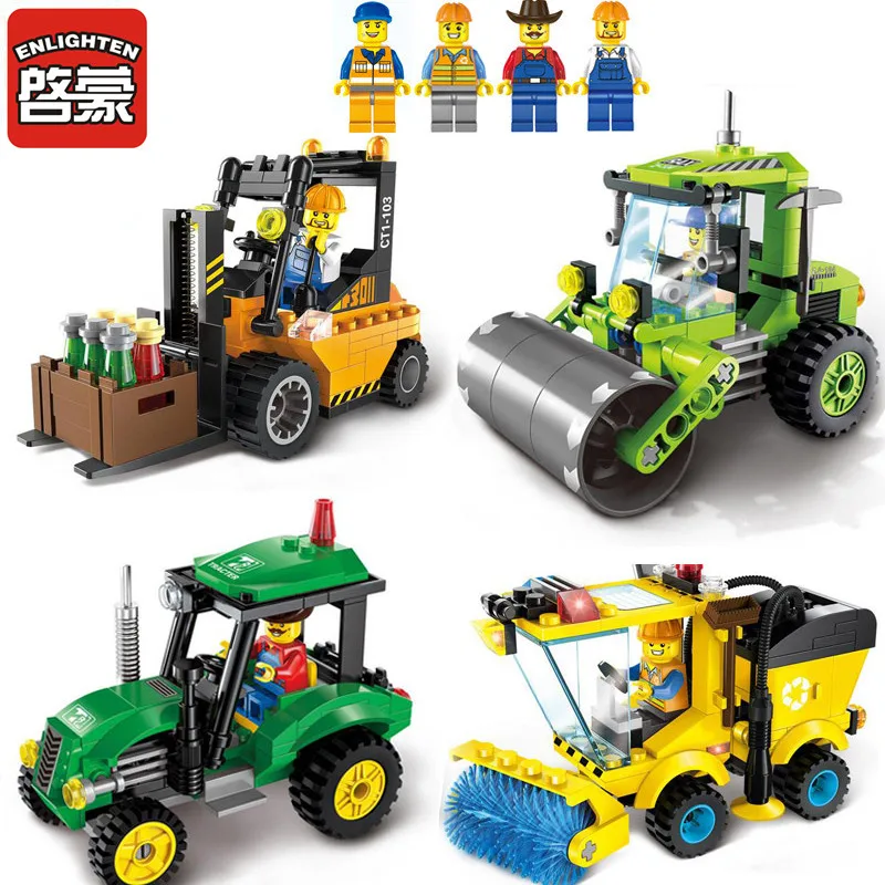

ENLIGHTEN City Road Roller Forklift Tractor Sweeper Truck Bloques Juguete Building Blocks Toys for Children Kid Compatible Legoo