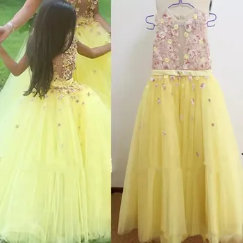 

Real Picture Yellow Tulle Flower Girls Dresses Lace Appliques Sheer Bodice Floor Length Little Girls Pageant Birthday Gown