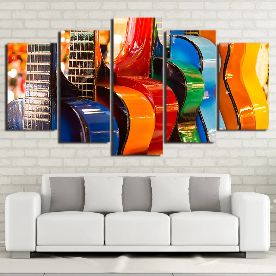 

Canvas Wall Art Pictures Frame 5 Pieces Colourful Guitar Musical Instruments Painting Modular HD Prints Poster Living Room Decor