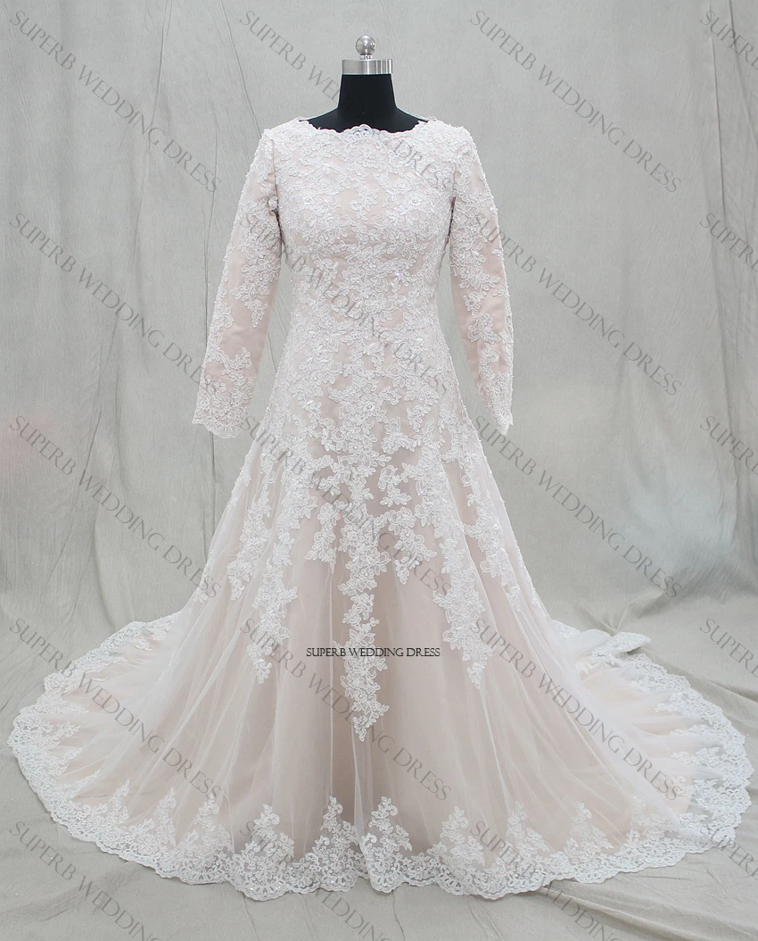 Modest Muslim Wedding Dress Champagne With Long Sleeves Bridal