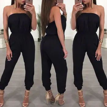 

Women Ladies Clubwear strapless Waist Up Playsuit Bodycon Party Jumpsuit Romper Trousers Solid Black