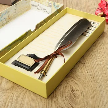 

New Arrival Antique Quill Feather Dip Pen Writing Ink Set Stationery Gift Box with 5 Nib Wedding Gift Quill Pen Fountain Pen
