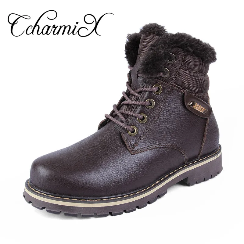 

CcharmiX Plus Size 38~50 Natural Cow Leather Men Snow Boots Warmest Genuine Leather Russian Style Mens Winter Boots Waterproof