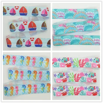 

DHK 1'' Free shipping Fold Elastic FOE boat shell sea horse animals printed headband headwear hairband decoration OEM 25mm S650