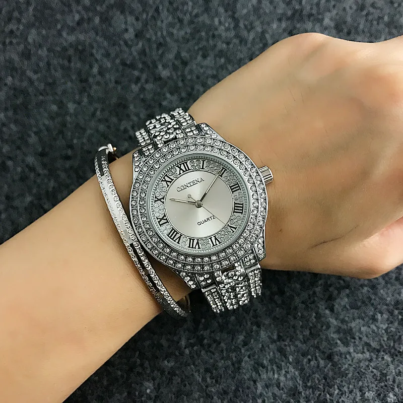 CONTENA Лидирующий бренд полный алмазов часы Блестящий горный хрусталь часы Для женщин часы класса люкс Полный Сталь Для женщин наручные часы