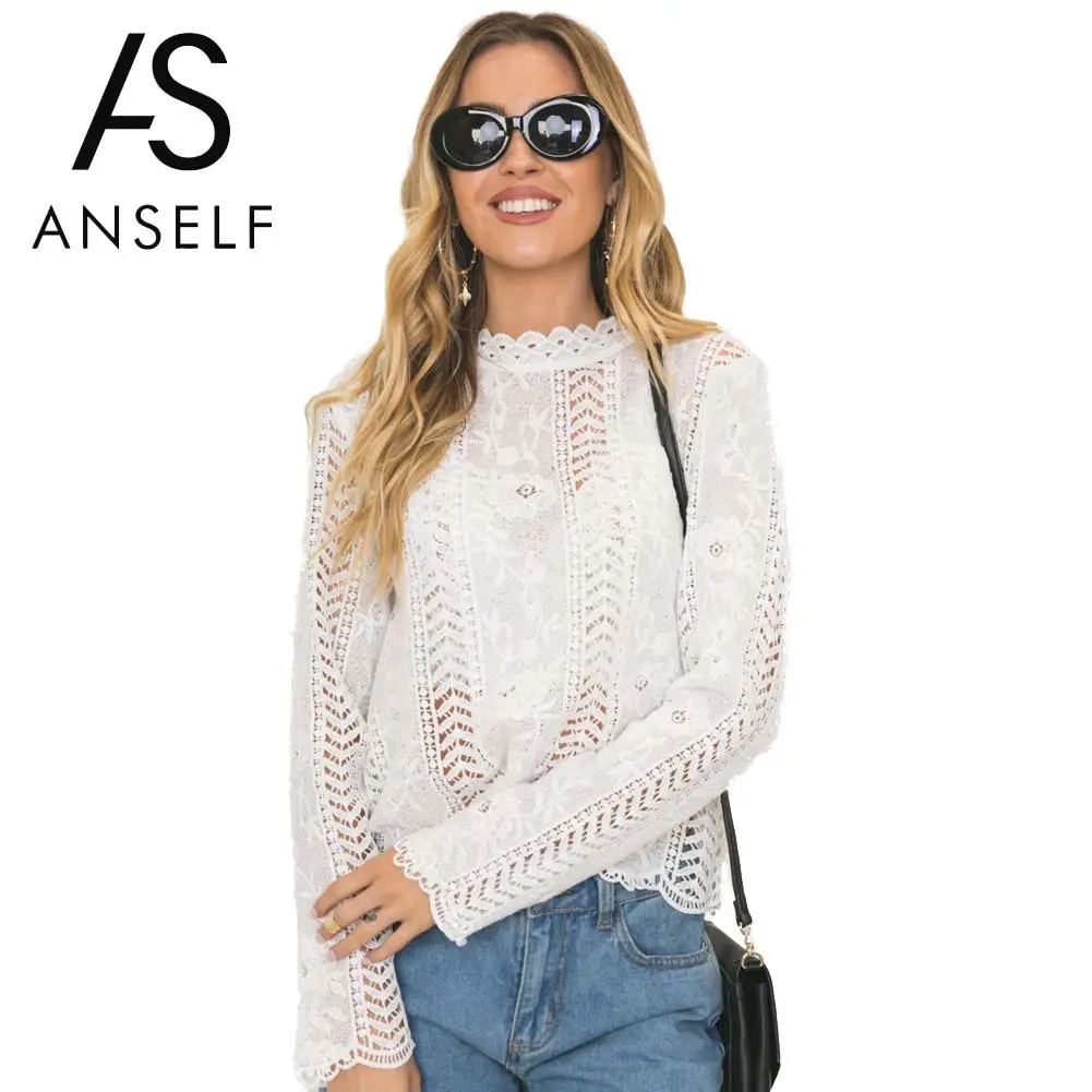

Anself Women See-through Blouse Solid Floral Crochet Lace Top High Neck Long Sleeve Scalloped Hollow Out Casual Shirt Tops White