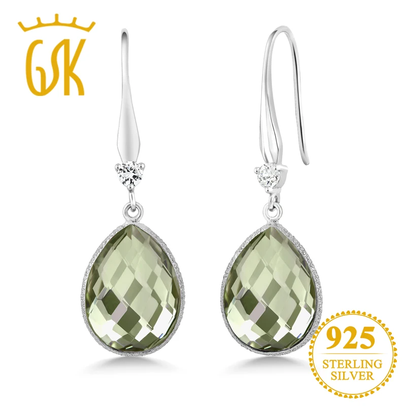 

GemStoneKing 16x12mm14.37 Ct Natural Green Amethyst Gemstone 925 Sterling Silver Dangle Wire Earrings For Women Fine Jewelry