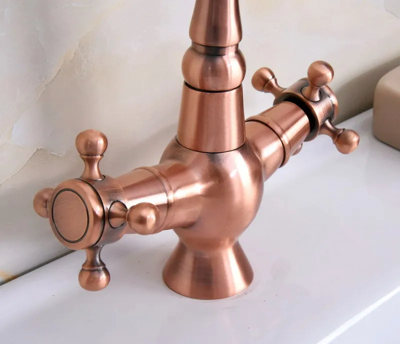 Antique Red Copper Brass Dual Cross Handles Bathroom Kitchen Basin Sink Faucet Mixer Tap Swivel Spout Deck Mounted mnf617
