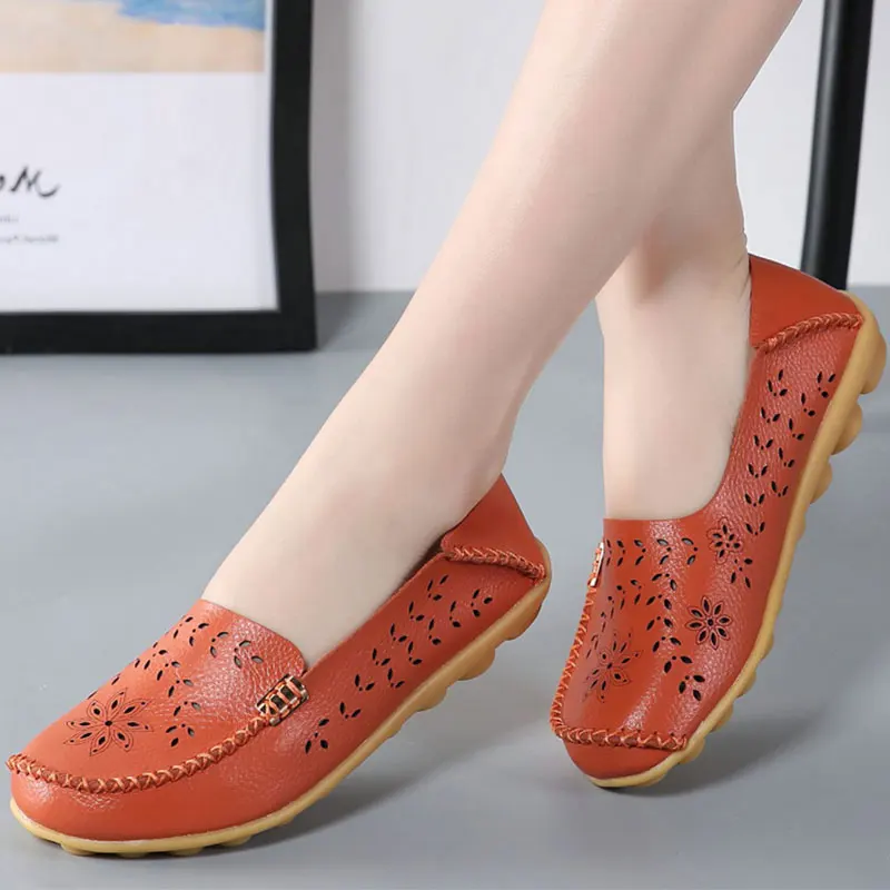 

Designer Genuine Leather Women Ballet Flats Summer Loafers Moccasins Folding Round Toe Metal Flower Slip On Casual Shoes