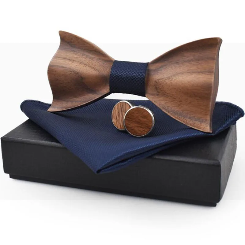 RBOCOTT ручной работы деревянный галстук-бабочка платок запонки набор мужской 3D галстук-бабочка деревянный Карманный квадратный с коробкой Мода для мужчин свадьба