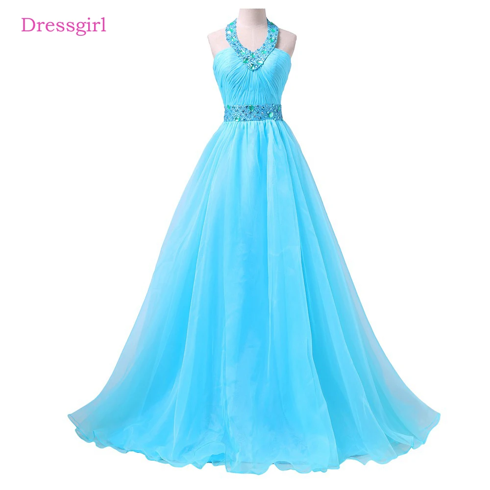 Turquoise 2019 Prom Dresses A line Halter Chiffon Beaded Crystals Sexy